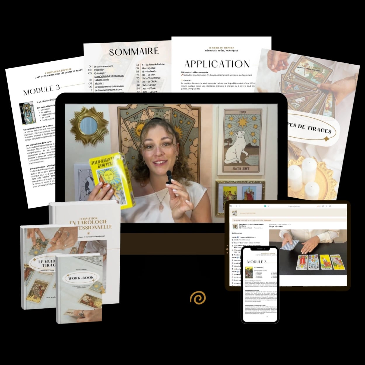 Les supports de la Tarot Académie : formation vidéo, manuel de tarologie professionnelle, guide de tirages, work-book et espace membres sur tablette et mobile.