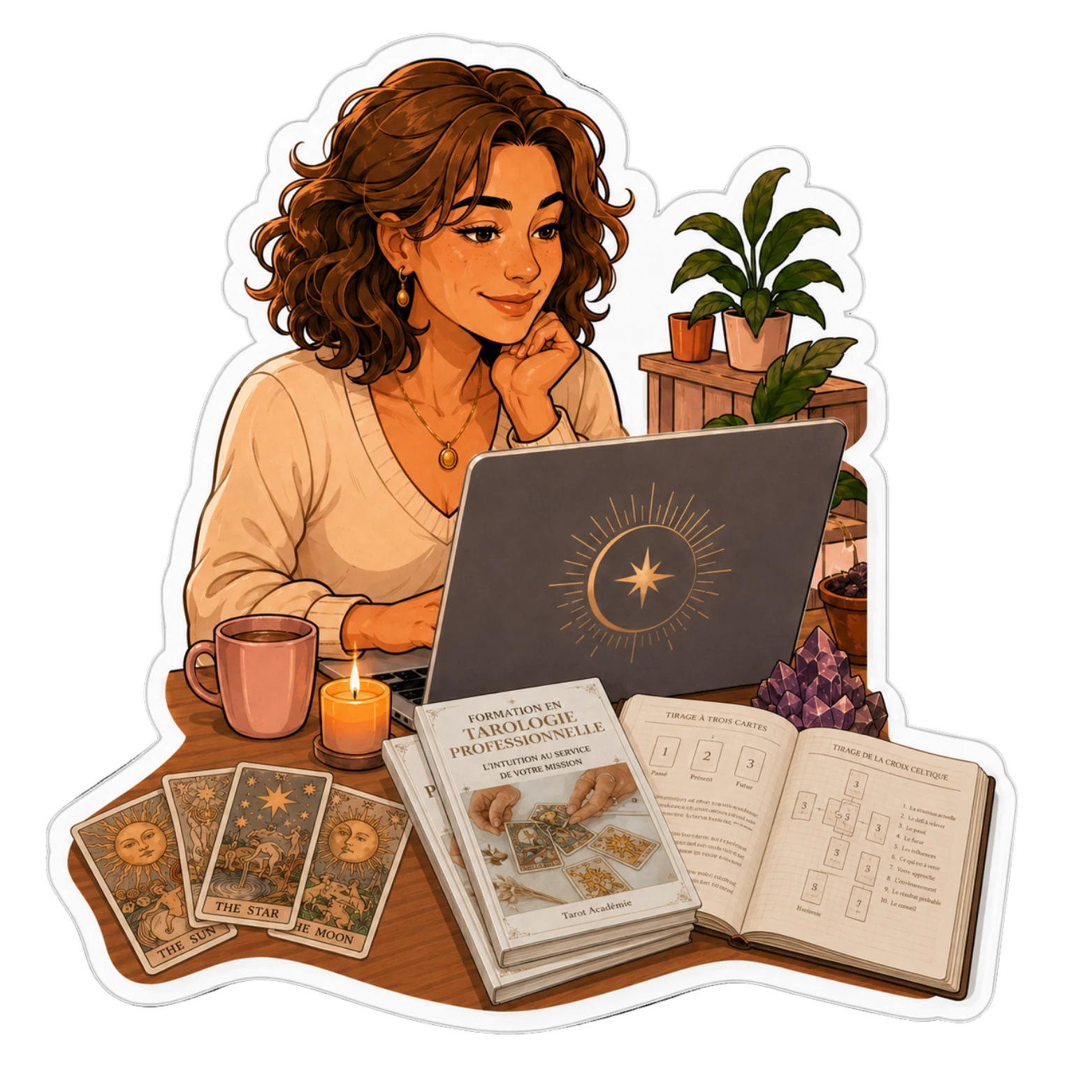 Une praticienne souriante devant son ordinateur avec les supports de cours de la formation, des cartes de tarot et une tasse.