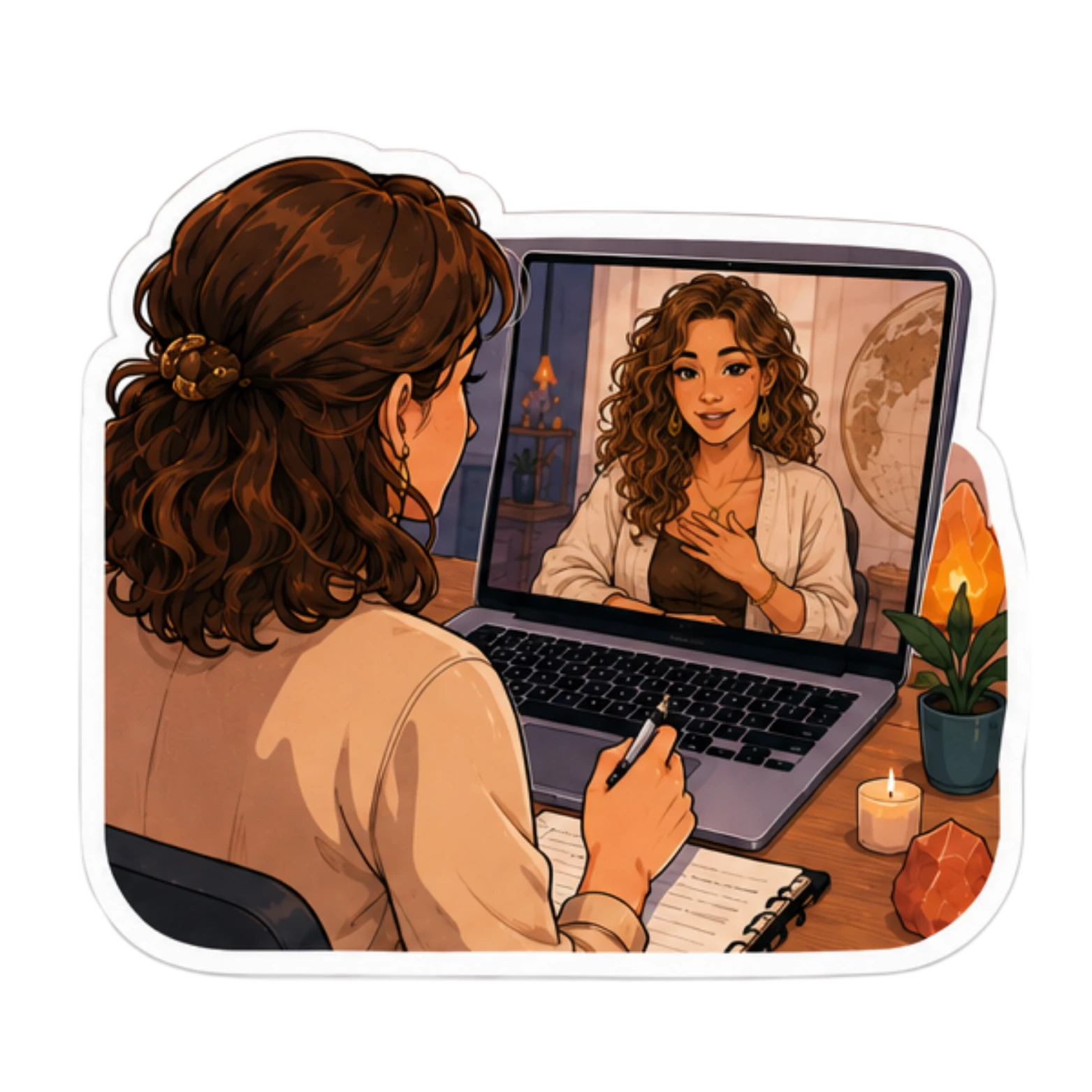Une praticienne en visio individuelle avec Chiara, en train de prendre des notes.