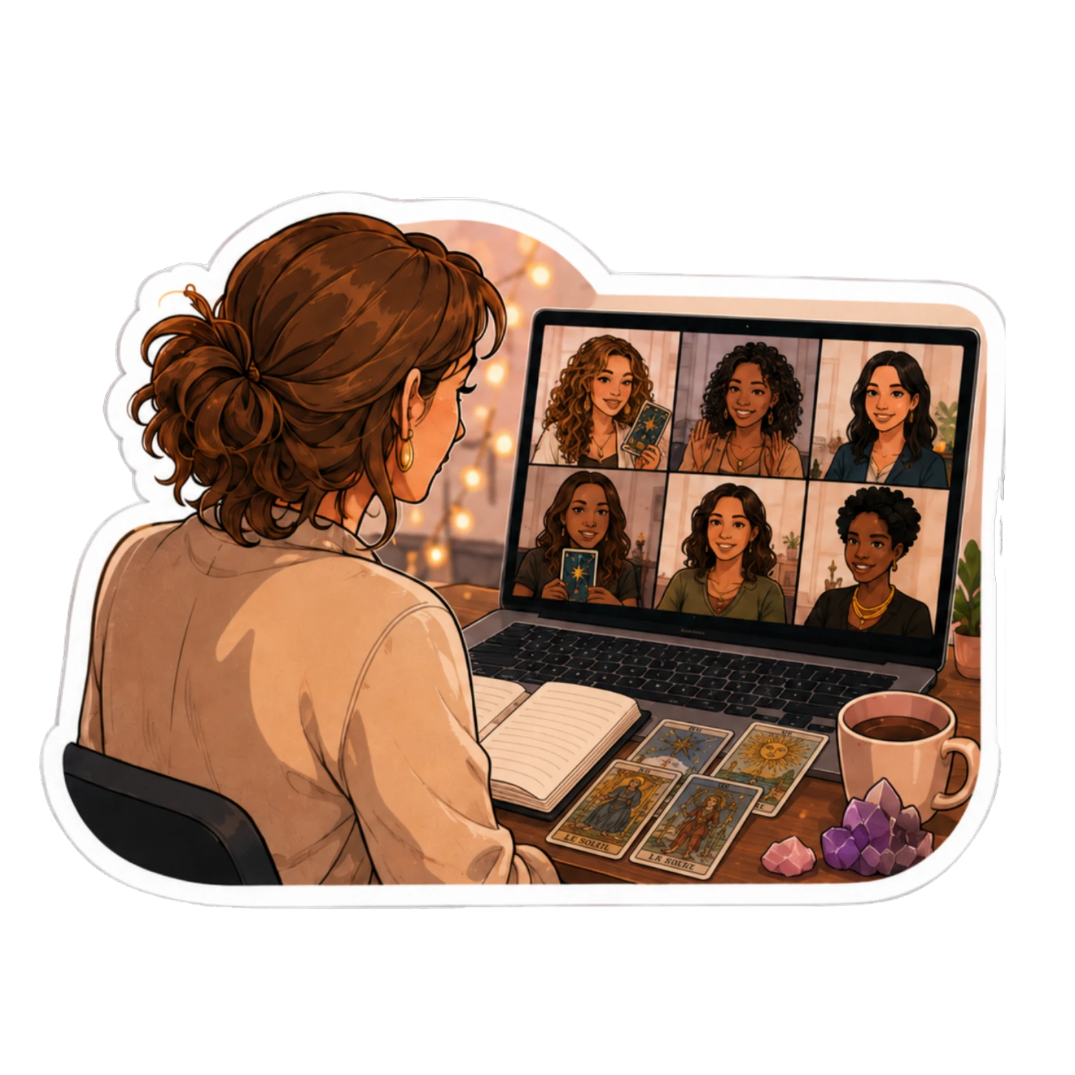 Une praticienne en visioconférence de groupe avec d'autres élèves, des cartes de tarot sur la table.