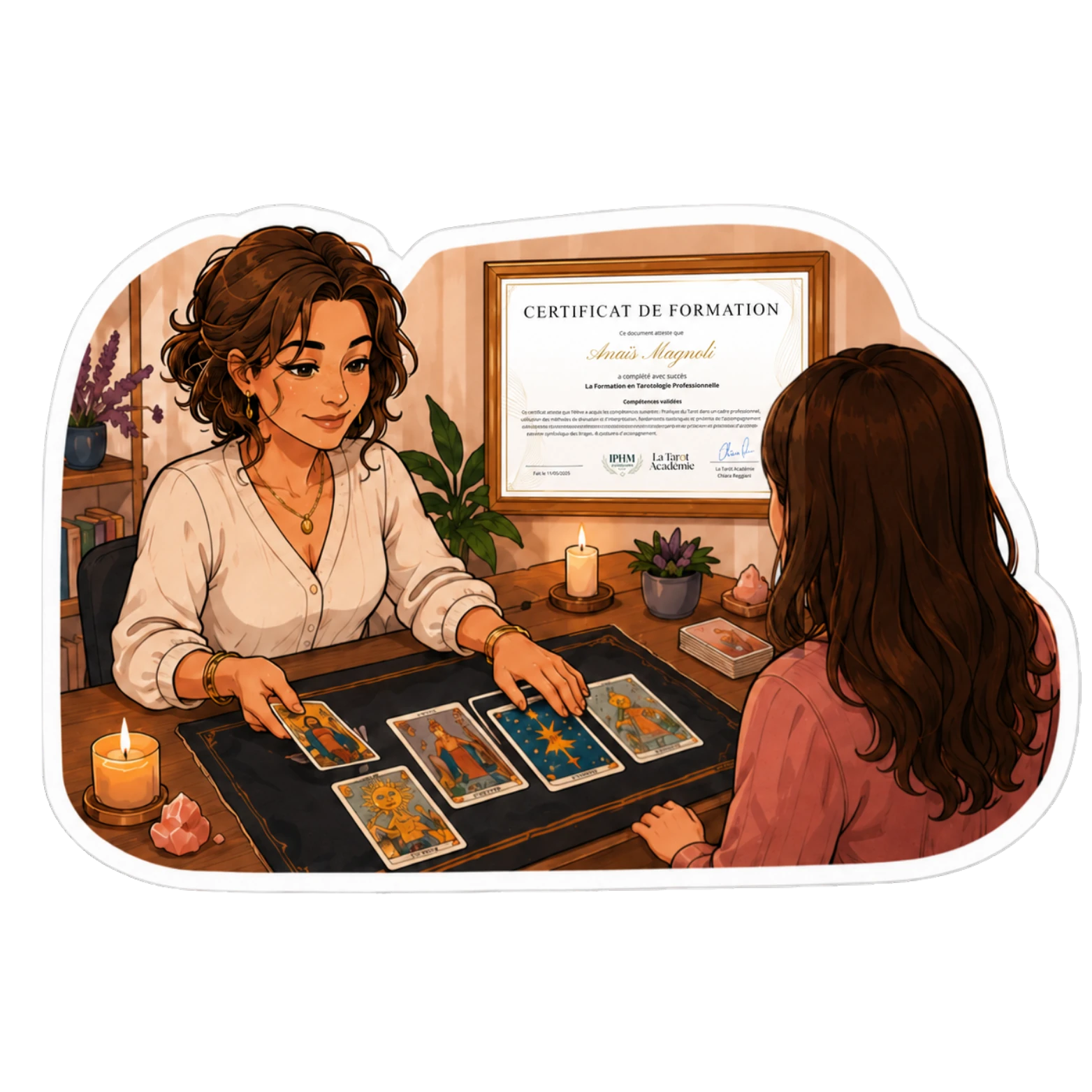 Une praticienne diplômée face à sa cliente, un tirage sur la table, son certificat de formation encadré au mur.