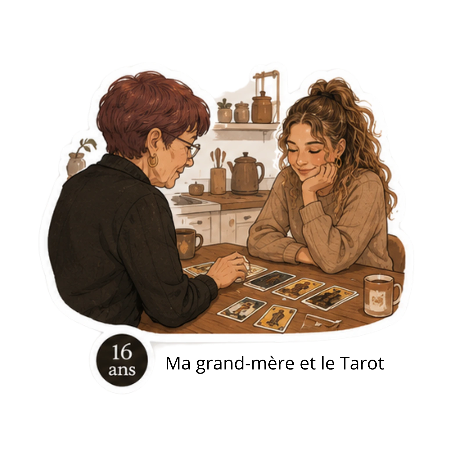 Illustration aquarelle de Chiara adolescente avec sa grand-mère, tarot étalé sur une table de cuisine — 16 ans · Ma grand-mère et le tarot.