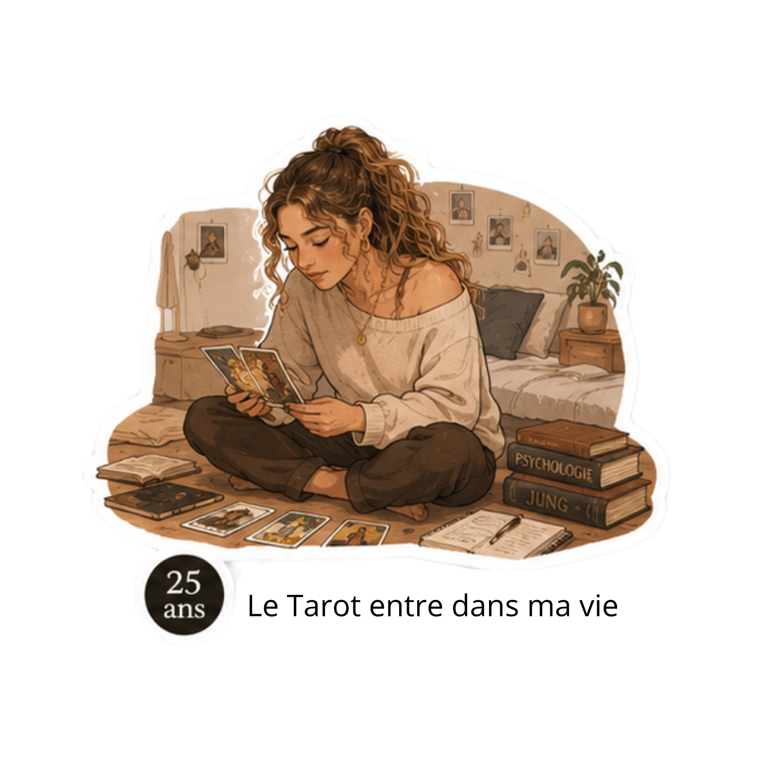 Illustration aquarelle de Chiara seule dans sa chambre, cartes en main, livres de psychologie et de Jung autour d'elle — 25 ans · Le tarot entre réellement dans ma vie.