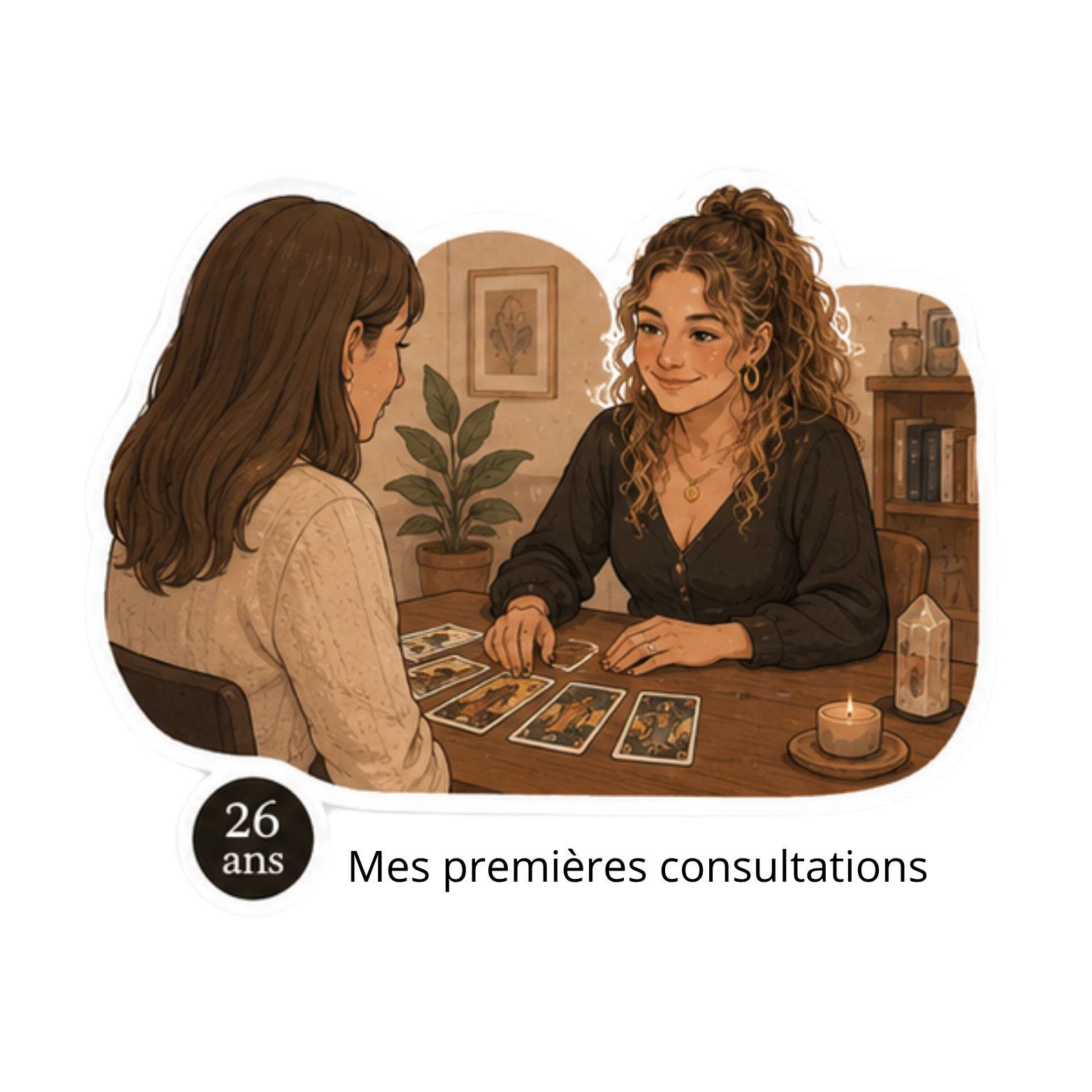 Illustration aquarelle de Chiara face à une cliente, tarot étalé sur table en bois dans son cabinet — 26 ans · Les premières consultations.