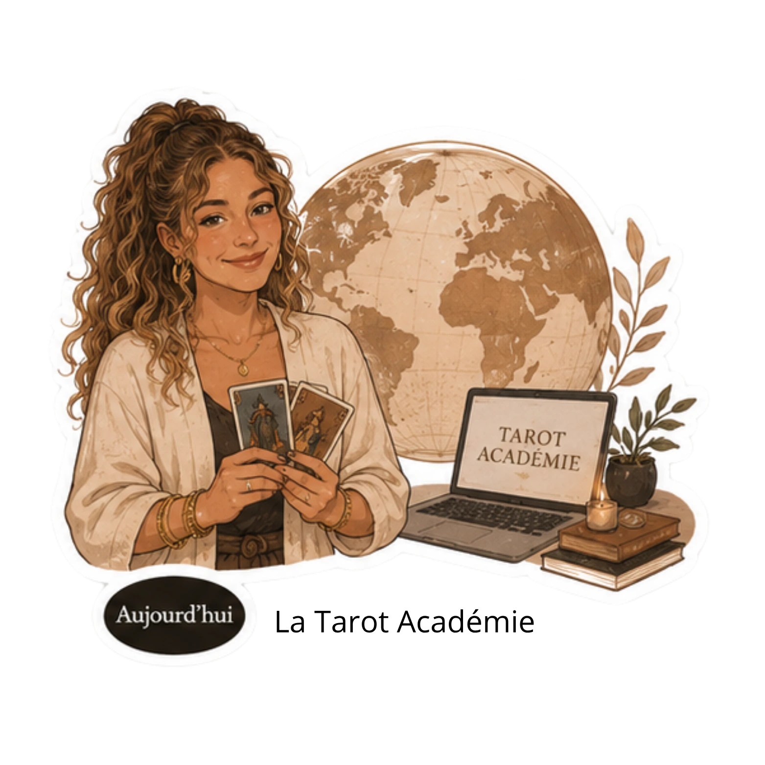 Illustration aquarelle de Chiara avec cartes en main, MacBook ouvert affichant La Tarot Académie, globe terrestre vintage en arrière-plan — Aujourd'hui · La Tarot Académie.
