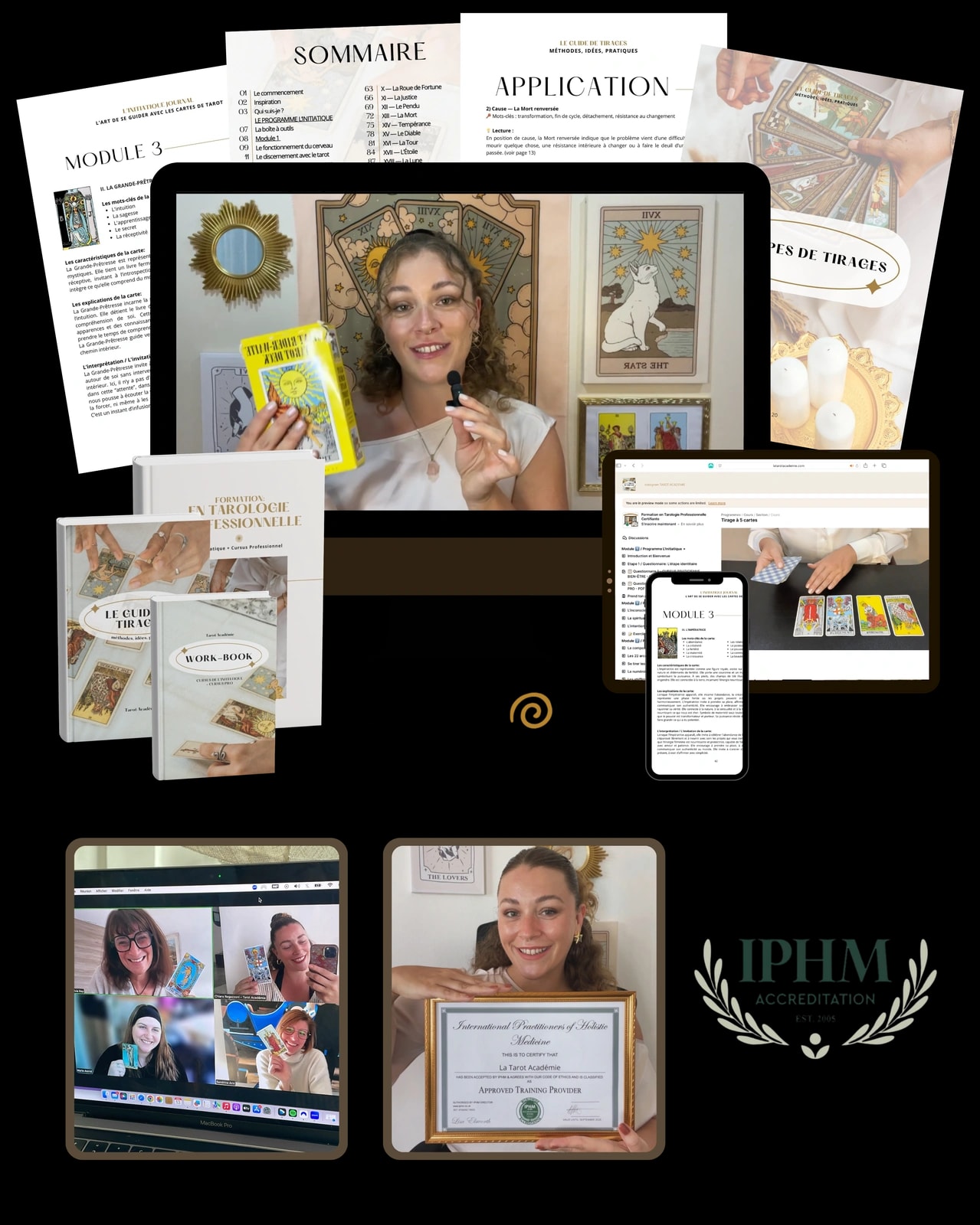 Tableau de présentation de La Tarot Académie : carnets imprimés, modules vidéo, plateforme en ligne et accompagnement de Chiara, l'ensemble du matériel pédagogique de l'école.